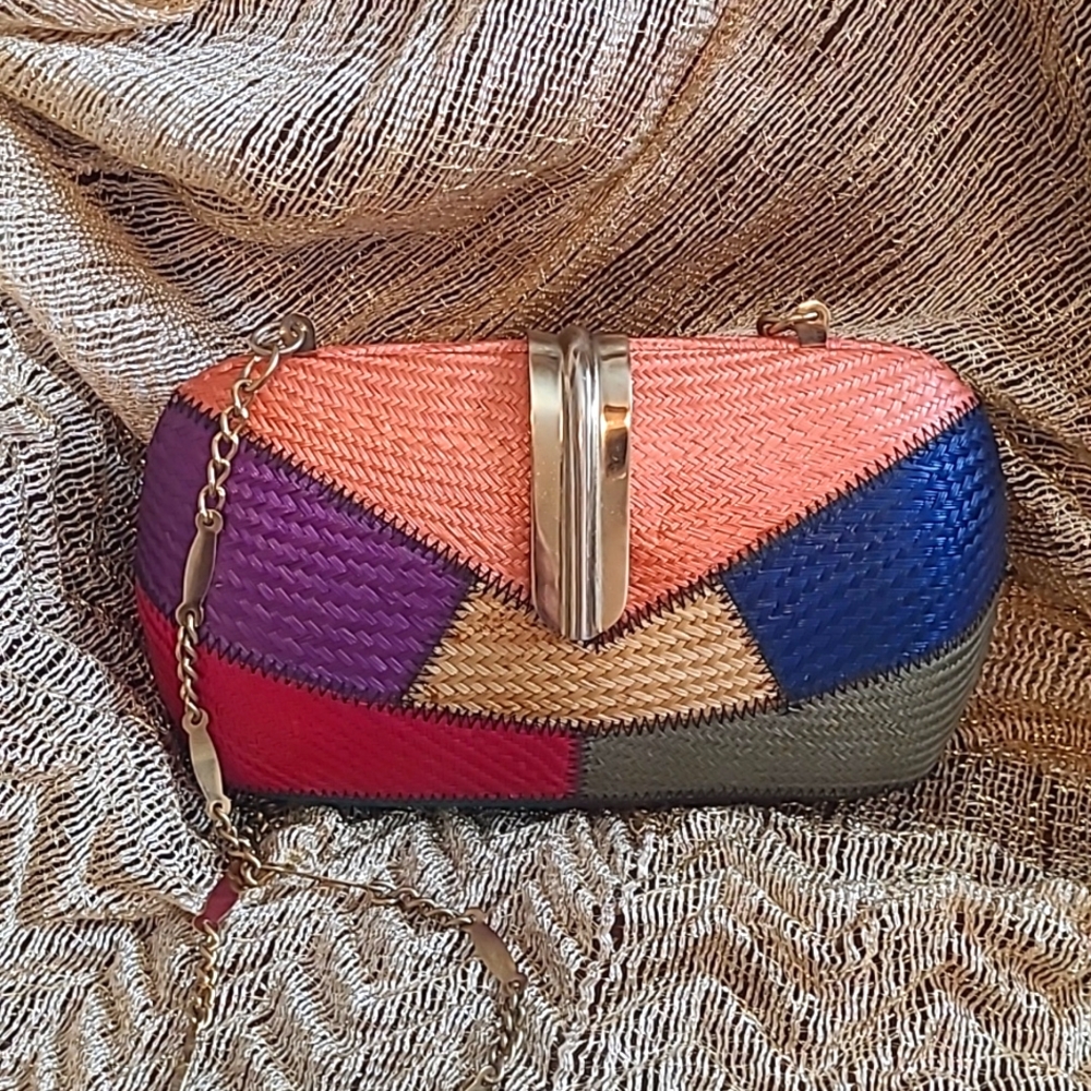 VINTAGE Color Block hand sewn and made in the Philippines. Clutch/long chain